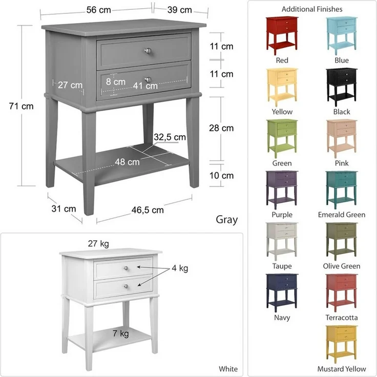 loft24 Beistellschrank Franklin - Beistelltisch Nachttisch Nachtschrank Ablagetisch 2 Schubladen, MDF, moderner Landhausstil, Metallgriffe – Bild 3