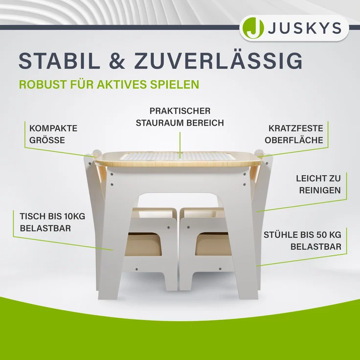 Juskys 'Milou' Kindersitzgruppe mit 2 Stühlen, 1 Tisch & Stauraum, Holz weiß – Bild 4