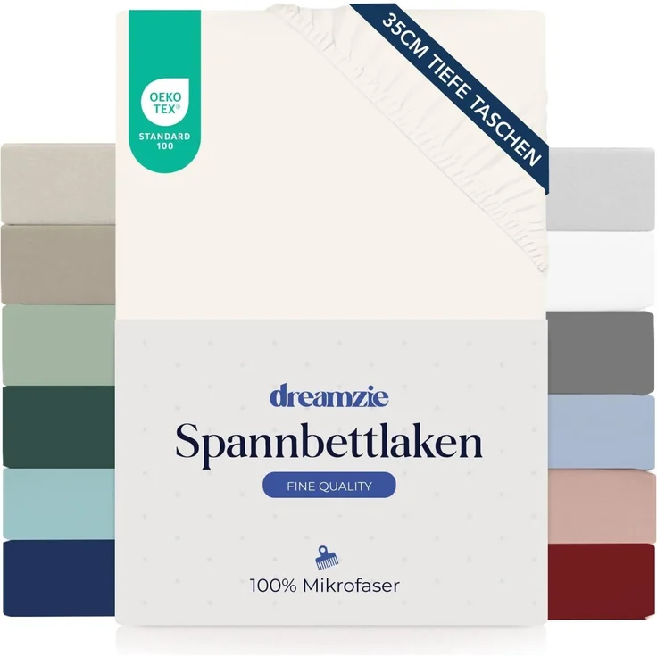 Dreamzie Spannbettlaken 140x200 cm - 35 cm Tiefe Tasche - 100% Mikrofaser Bettlaken - Elfenbein, Schadstoffgeprüft (Oeko TEX), Bettlaken mit Gummizug – Bild 1