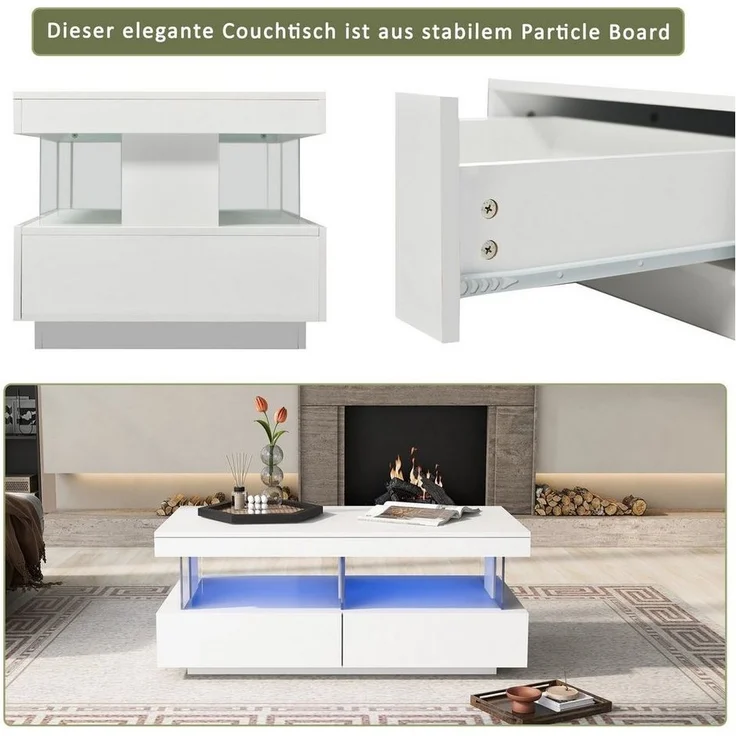 BlingBin Couchtisch Sofatisch Mit LED-Beleuchtung, Teetisch Kaffeetisch (Couchtisch, 1-St, 100 x 60 x 49.5cm Beistelltisch, Tisch, Mit zwei Schubladen), Wohnzimmertisch,Langlebige, kratzfeste und glatte Tischplatte – Bild 3