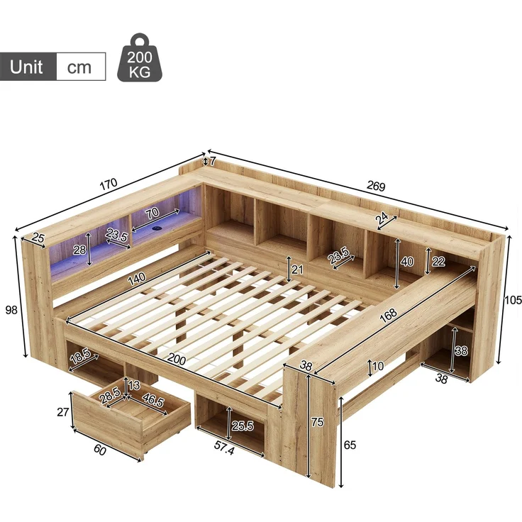 Merax Kinderbett, 140x200 cm Daybett, Tagesbett, Stauraumbett mit LED-Beleuchtung, USB Ladeanschlüsse und Schreibtisch, mit Regale & Schubladen, Naturfarbe – Bild 4