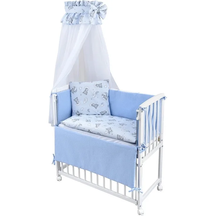 Baby-Delux Beistellbett Babybett Waffelpique Bärchen Blau, Stillbett 90x40 weiß höhenverstellbar, Matratze inkl. komplett Set