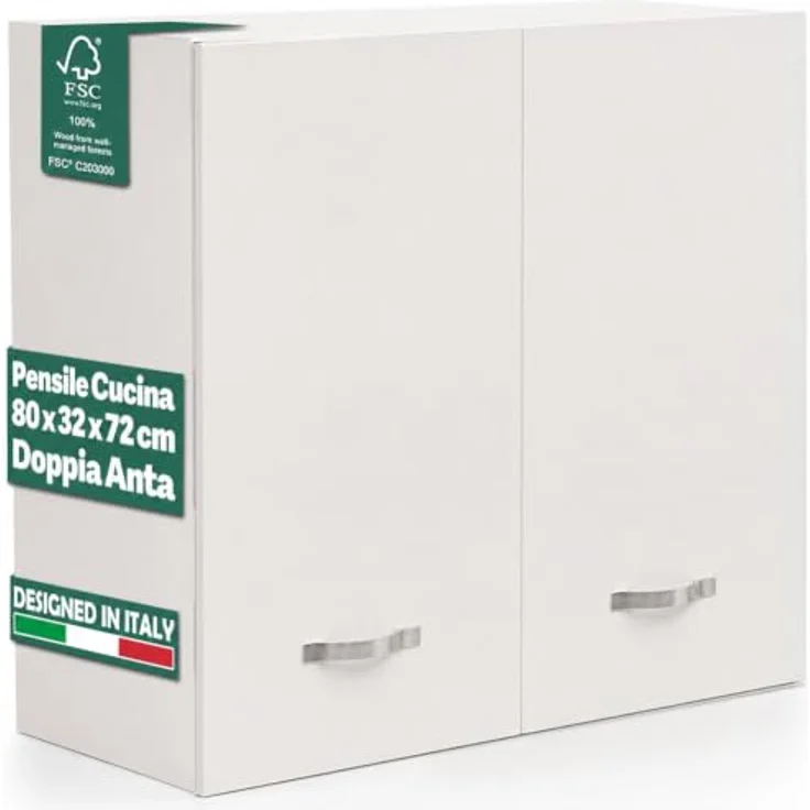 Shally Dogan Hängeschrank für die Küche, Hängeschrank aus Holz mit Zwei Türen, Regal und 2 Fächern, geräumiger und robuster Wandschrank, Maße: 80 x 32 x 72 cm (weiß) – Bild 1