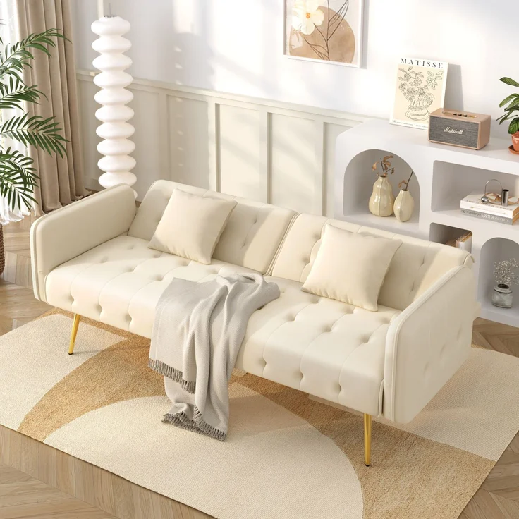 Sofabett 2-in-1 Samt,Zweisitzer mit verstellbarer Rückenlehne & Armlehnen, zum Gästebet,Beige – Bild 4