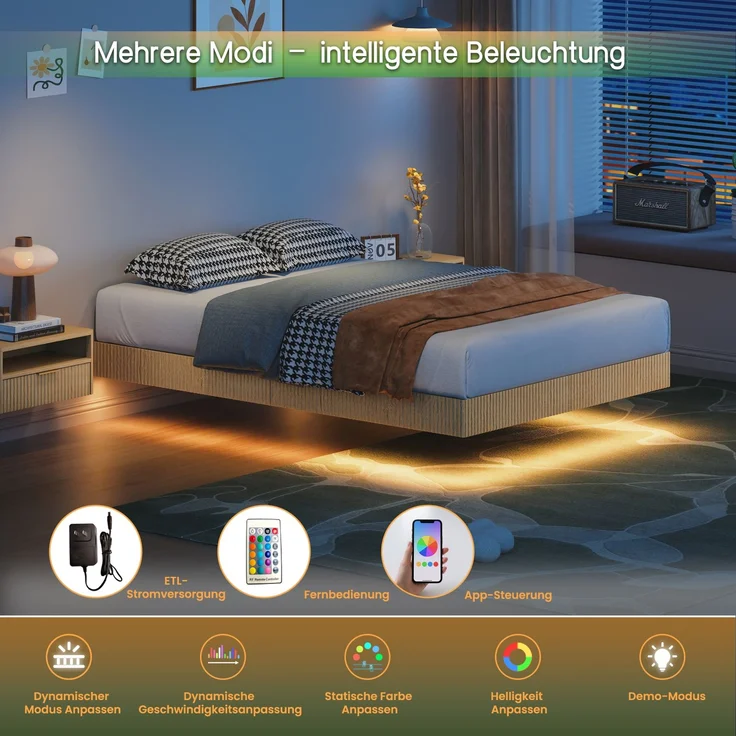 EINHOM Modernes Bett mit Schwebedesign und Nutenverkleidung, ausgestattet mit stimmungsvollen LED-Leuchten und verstärktem Flacheisen-Bettgestell-140 x 200 cm – Hell Eiche (Ohne Matratze) – Bild 3