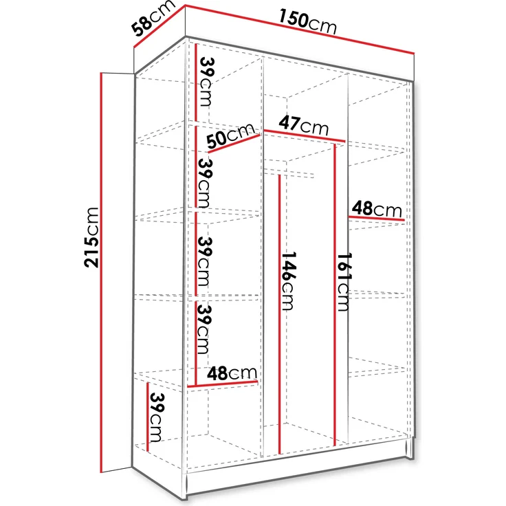 Drehtürenschrank Cikzori I, Kleiderschrank mit 3 Türen (Farbe: Weiß / Weiß Hochglanz + Schwarz) – Bild 5