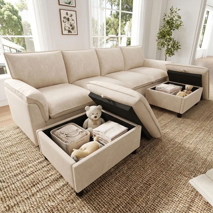 Merax U-förmiges modulares Sofa, bequemes Ecksofa mit Deep-Seat-Design, mit 2 beweglichen Fußhockern, hohe Rückenlehne, Chenille, Beige, B264.5/D142.5/H84