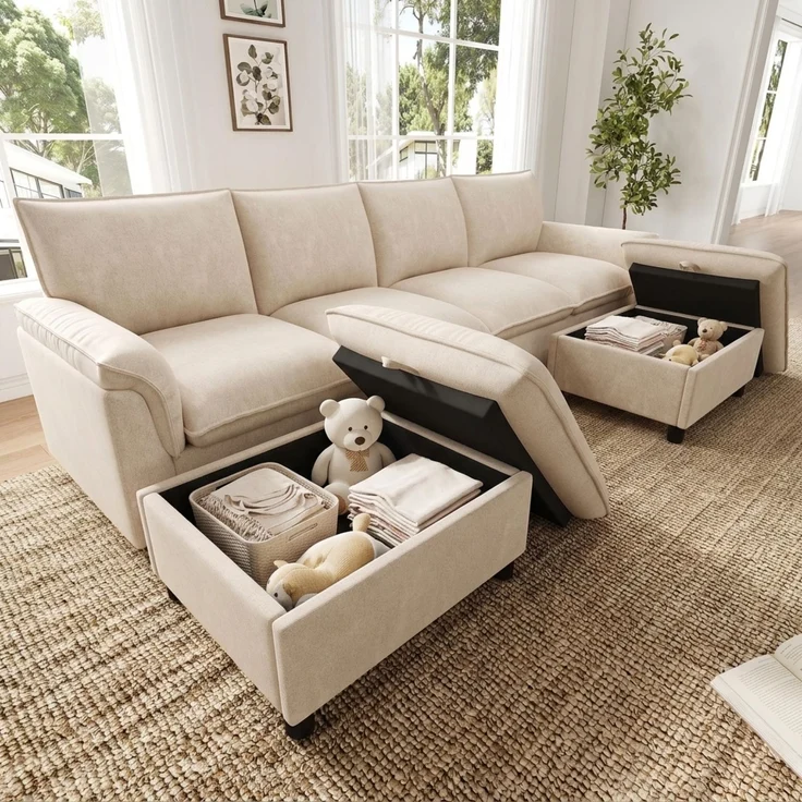 Merax U-förmiges modulares Sofa, bequemes Ecksofa mit Deep-Seat-Design, mit 2 beweglichen Fußhockern, hohe Rückenlehne, Chenille, Beige, B264.5/D142.5/H84 – Bild 1
