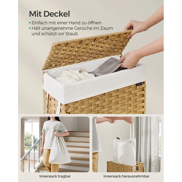 Songmics Wäschekorb mit herausnehmbarem Wäschesack, synthetisches Rattan Pastellgelb, 55L – Bild 2