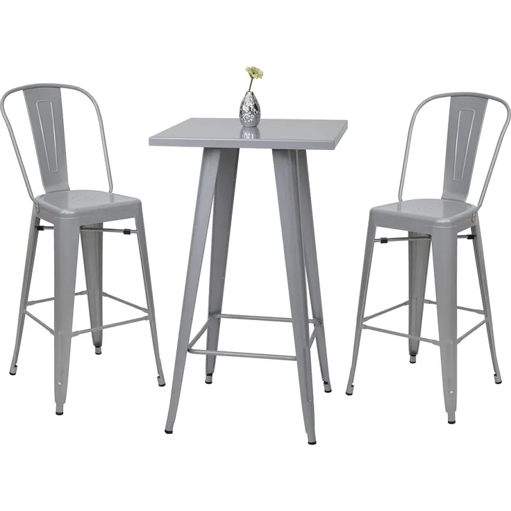 Set Stehtisch + 2x Barhocker HWC-A73 Metall Industriedesign ~ grau