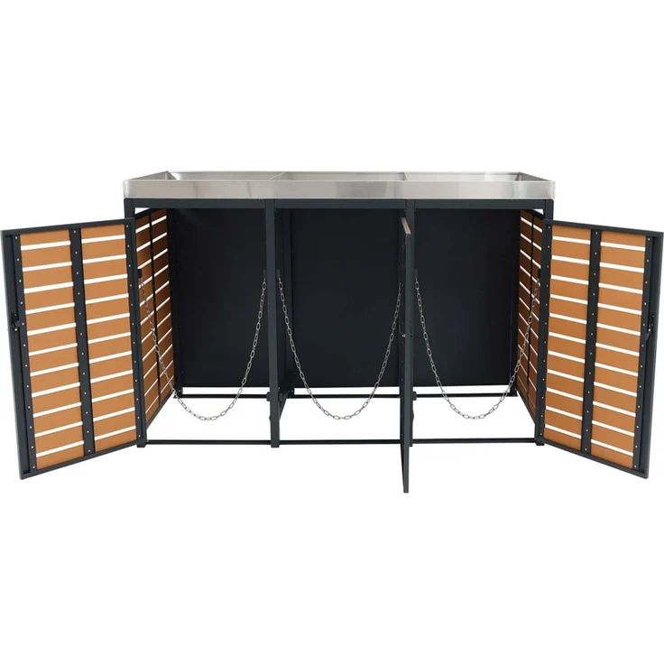 3er Mülltonnenverkleidung HWC-K14, Mülltonnenbox mit Pflanzkasten, 124x200x84cm WPC Edelstahl 107kg ~ Teak-Optik – Bild 5
