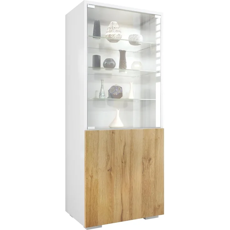 Vladon Standvitrine Granada (Vitrinenschrank, mit Glastür und Glaseinsatz) Weiß matt/Eiche Natur (50 x 122,5 x 34,5 cm)