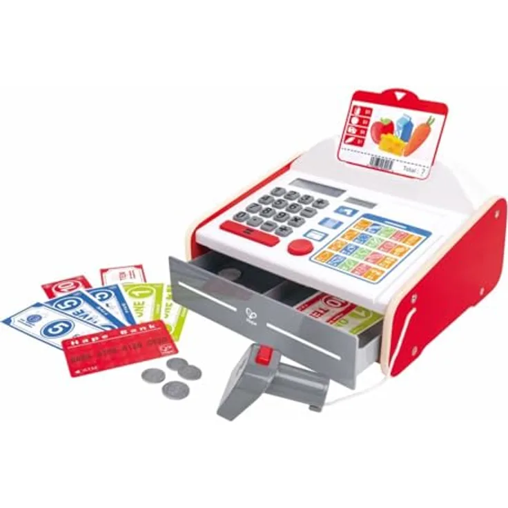Hape Spielkasse mit Sound und Scanner, Kaufladenzubehör für Kinder ab 3 Jahren, inkl. Solartaschenrechner und 9 Geldmünzen