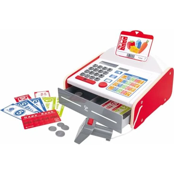 Hape Spielkasse mit Sound und Scanner, Kaufladenzubehör für Kinder ab 3 Jahren, inkl. Solartaschenrechner und 9 Geldmünzen – Bild 1