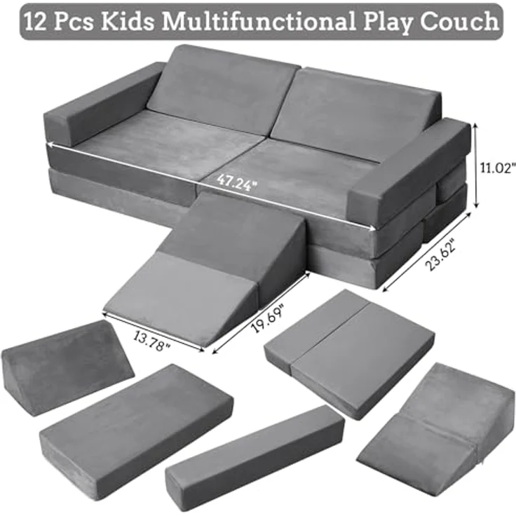 Kindersofa, 12 Stück, Sofa für Kinder mit Schaumstoffblöcken, dick, widerstandsfähig, mit verdecktem Reißverschluss, modulares Sofa, faltbar, Grau – Bild 3