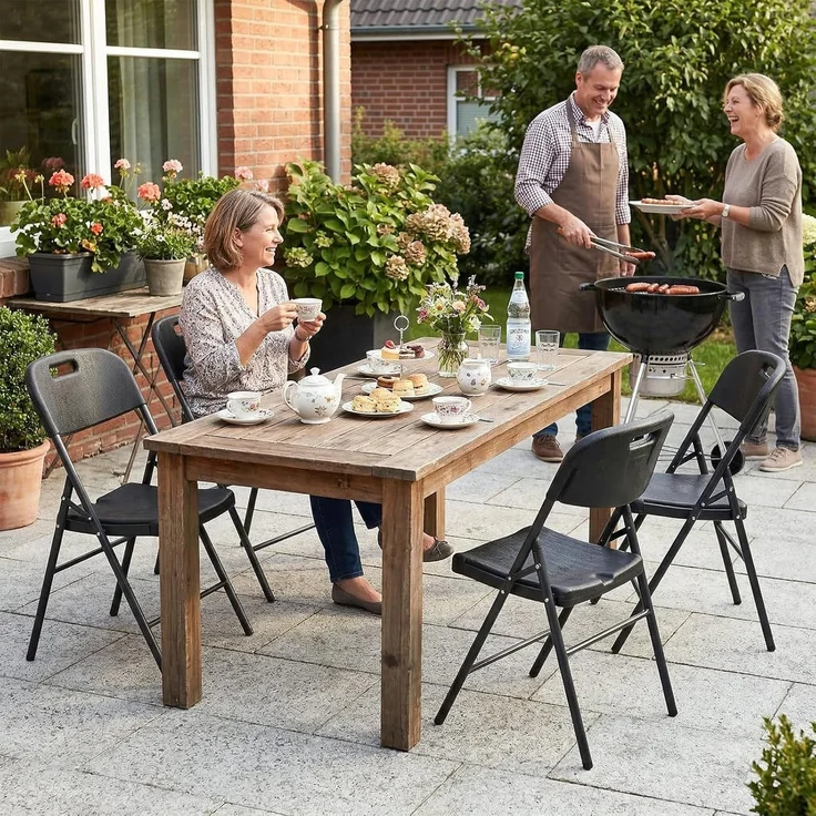 Sekey Klappstuhl 2er Set, Klappstühle aus Kunststoff und Metall, Campingstuhl Gartenstuhl Klappbar bis 150KG, Schwarz Holzoptik – Bild 2