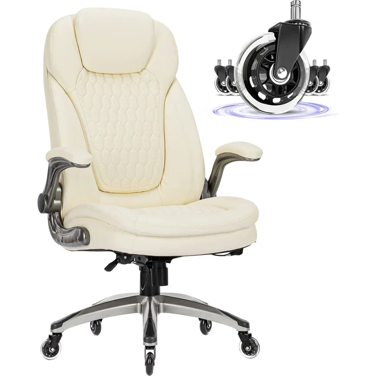 COLAMY Schreibtischstuhl, Bürostuhl Ergonomisch, Chefsessel aus Atmungsaktivem Leder, Bürostuhl mit Taschenfederkern-Sitzkissen, Flip-up-Armlehnen& Leisen Rollen für Homeoffice und Büro, Elfenbein