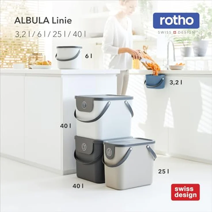 ROTHO Biomülleimer Albula 2er-Set Komposteimer 6l – kompakte Müllbehälter ideal für Küche, Stapelbar, mit Griff & Deckel – 6 l Recycling-Set für jeden Raum – Bild 10