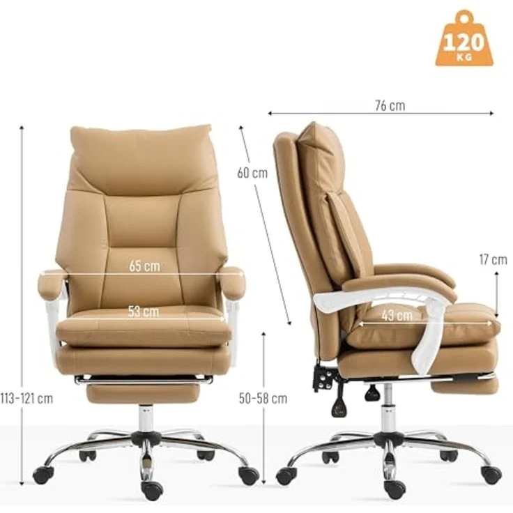 HOMCOM Bürostuhl Ergonomischer Schreibtischstuhl mit Lendenwirbelstütze, Klappbar Armlehne, Fußstütze, Höhenverstellbarer Drehstuhl mit Liegefunktion, Kunstleder, Gepolstert Computerstuhl, Hellbraun – Bild 7