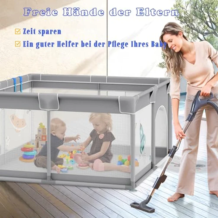 FIVMEN Laufstall 150x180cm Mit 50 Spielbällen, Krabbelgitter und 4 Zugringen - Tragbarer Baby Playpen, Grauer Raumfahrer – Bild 3