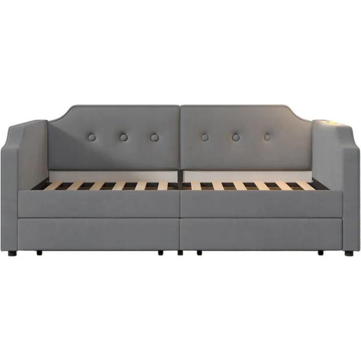 Schlafsofa Grau mit USB Type-C, Leselampe und 2 Schubladen, Samtbezug, 90x200 cm – Bild 9