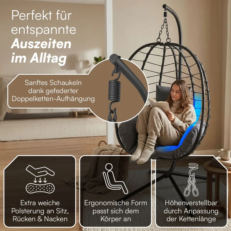 STEELSØN 'Alarian' Hängesessel mit Metallgestell, höhenverstellbar und faltbar, wetterfest, Polyrattan, dunkelgrau/schwarz, bis 150 kg belastbar, inkl. Kissen – Bild 5
