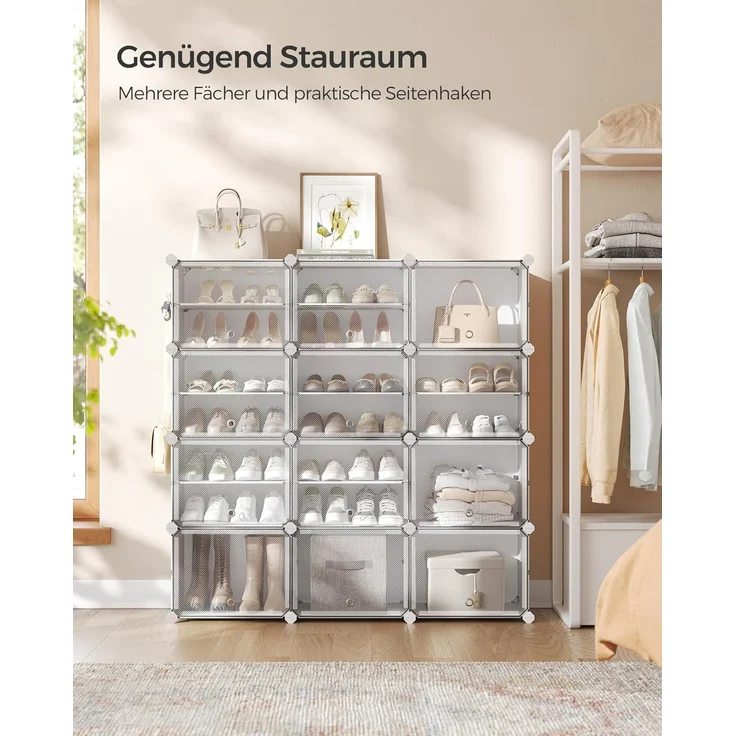 Songmics Schuhregal mit 12 Fächern, Schuhschrank, 30 x 40 x 30 cm pro Fach, schmal, mit Türen, Stahlrahmen, Kunststoff, für Flur, Schlafzimmer, Eingangsbereich, weiß – Bild 2
