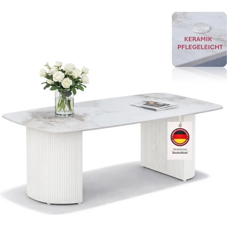HOOZ Wohnzimmertisch Couchtisch Set 130x70 cm Weiß – moderner Sofatisch, Keramik (Einzelprodukt, 1× Couchtisch), Keramik-Tischplatte, Travertin-Optik (marmoriert), pflegeleicht – Bild 1