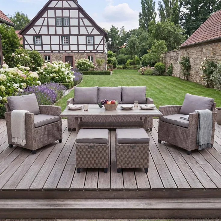 Poly-Rattan Garnitur HWC-E95, Garten-/Lounge-Set Sitzgruppe, Spun Poly halbrundes Rattan ~ grau-braun, Kissen grau