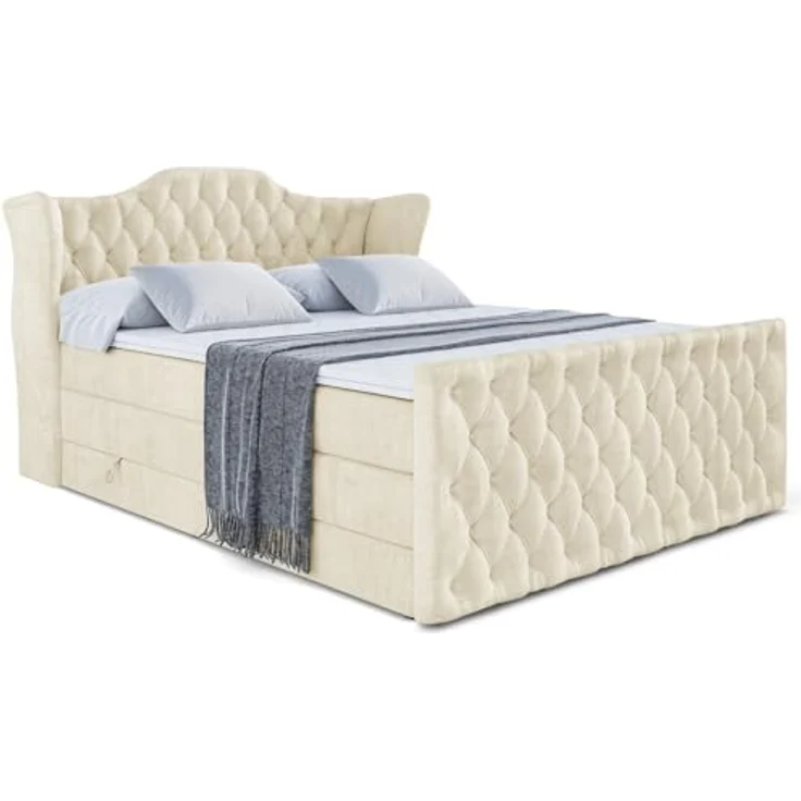 ALTDECOR VILA-Z KING Boxspringbett 180x200 cm, Beige Samt, 2 Matratzen (H3, H4), Topper, Bettkasten und Lattenrost, Polsterbett mit Stauraum – Bild 3