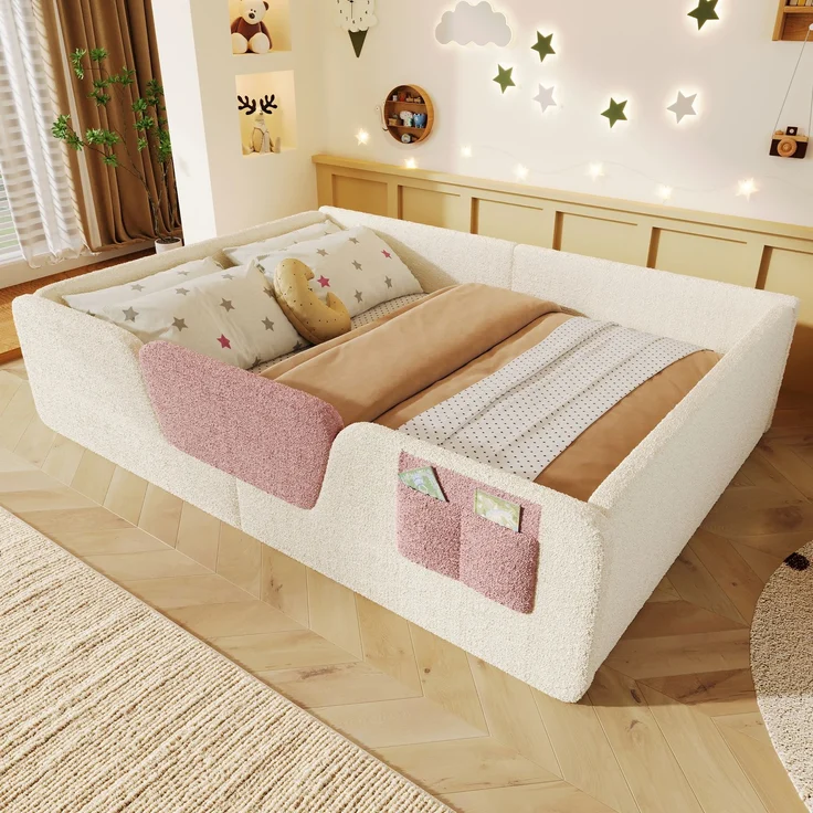EINHOM Polsterbett, 140 × 190 cm, ohne Matratze, abnehmbare Sicherheitsgitter, integrierte Stofftasche zur Aufbewahrung, einzigartiger Samt, Beige (Ohne Matratze) – Bild 3