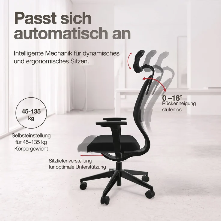ASSMANN Ergonomischer Bürostuhl Atessa mit Netzrücken und Kopfstütze Schwarz 63x53x121cm Textil – Bild 4