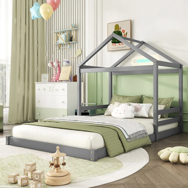 Hausbett 140x200 cm für Kinder, Kinderbett in Hausform mit Lattenrost,modernes Montessori Bett,stabiles Holzhausbett, Grau – Bild 2