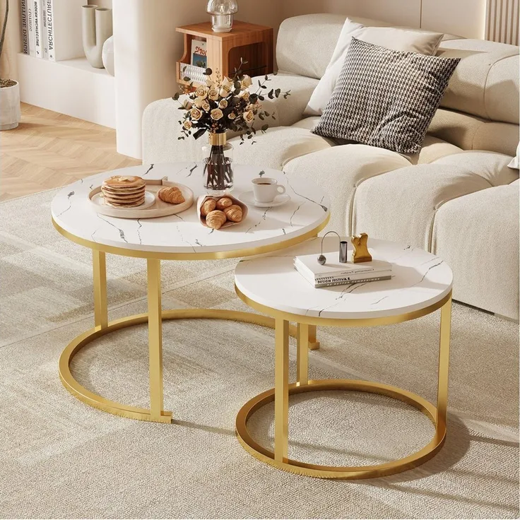 Hiazurm Couchtisch Couchtisch 2er Set mit Marmormuster, Kaffeetisch, Beistelltisch (Satztisch für Wohnzimmer & Büro & Schlafzimme & Balkon, 2er Set), 70x45cm+50x40cm, Rund