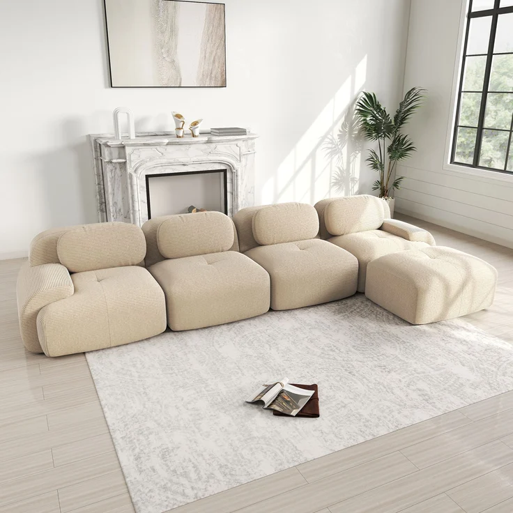 4-Sitzer Ecksofa mit 32D hochelastischer Polsterung,rutschfest mit Chaiselongue extra-breite Armlehnen frei kombinierbar ohne Montage für Büro Wohnzimmer und Heimkino,Beige, – Bild 3