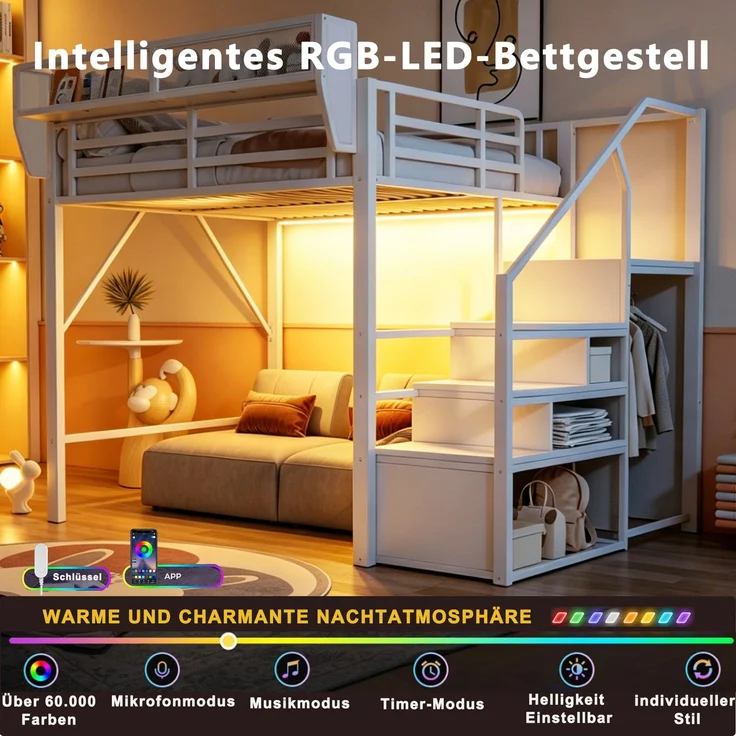 ZUBALIYA Hochbett 140 × 200 cm, Metall, LED-Beleuchtung, Leiter, Weiß – Bild 5
