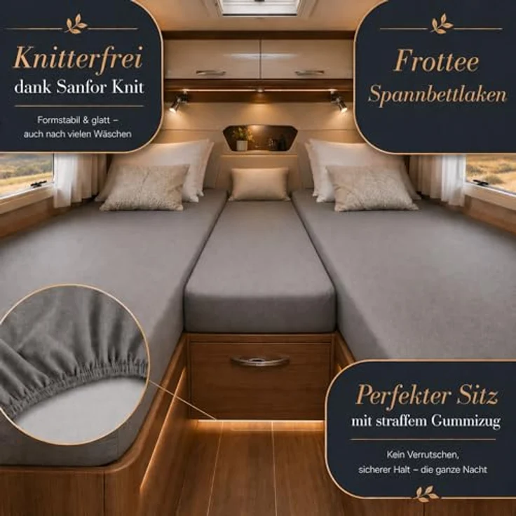 Frottee Spannbettlaken für Wohnmobile Heckbett 3-teilig 2 Längsbetten + 1 Mittelteil Grau – Bild 3