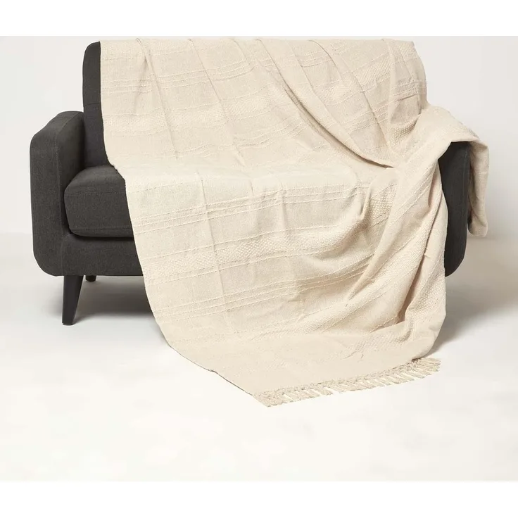Plaid Kashi Tagesdecke creme 225 x 255 cm – Baumwolldecke mit Fransen, Homescapes