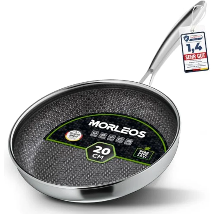 Morleos Bratpfanne, Edelstahl 20 cm, kratzfest, antihaft, für Gas, Induktion und Elektro, PFAS/PTFE frei mit Keramik Wabentechnologie – Bild 1