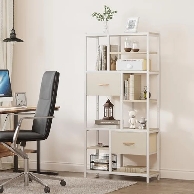 YITAHOME Bücherregal mit Schubladen, 7-stöckiges Standregal mit Stahlrahmen, Bodenstehendes Lagerregal, Industrieregal Aufbewahrungsregal, für Wohnzimmer, Büro, Flur, Küche, Eichenfarbe Regal – Bild 7