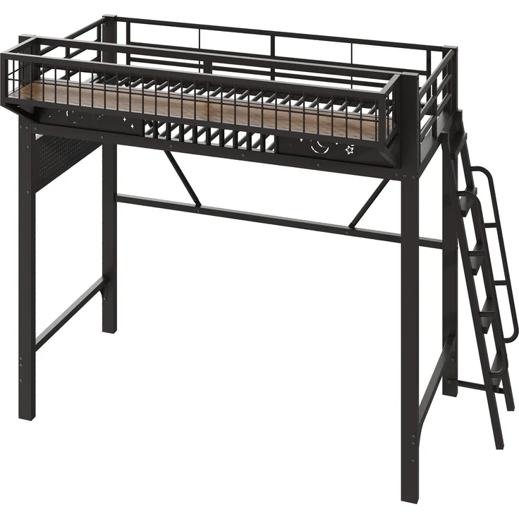 Hochbett, 90 x 200 cm, Metallbettgestell, Staufächer, offene untere Ebene, Ohne Matratze, Schwarz – Bild 8