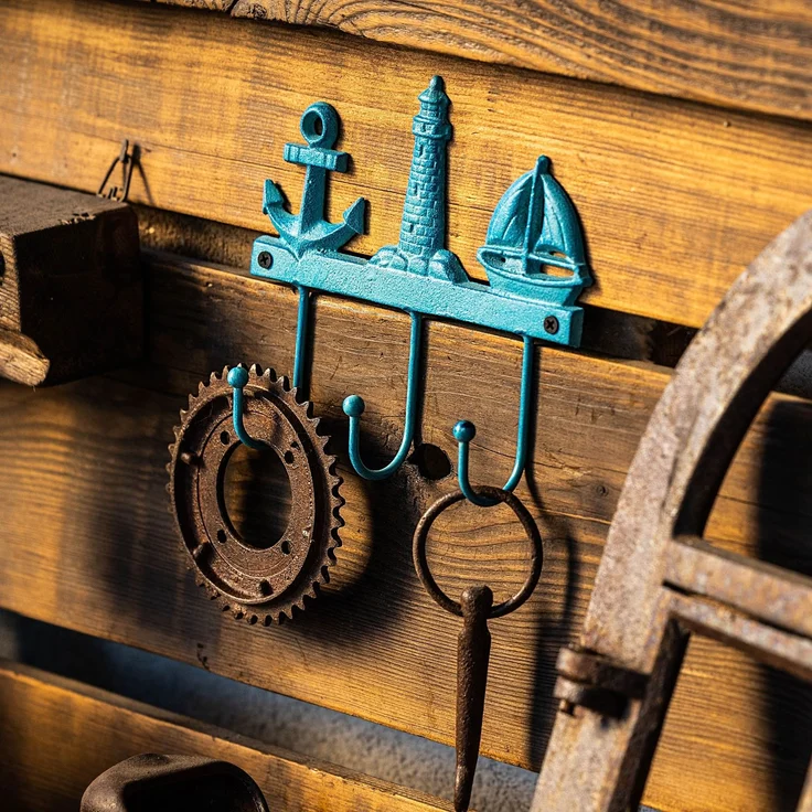 KADAX Maritime Hakenleiste aus Gusseisen 20 x 18 cm, Wandgarderobe mit 3 Haken, Kleiderhaken für Bad & Strandhaus, Garderobenleiste zur Wandmontage (Blau) – Bild 2