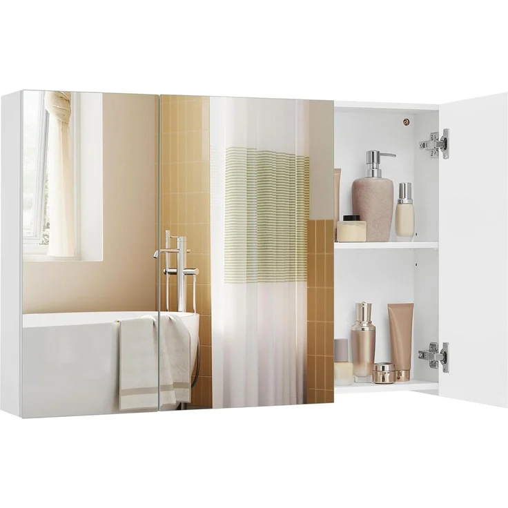 Vasagle Spiegelschrank, Badezimmerschrank, Aufbewahrungsschrank mit 3 Türen, fürs Badezimmer, 15 x 90 x 60 cm, mit verstellbaren Regalebenen, modern, weiß BBK032W01