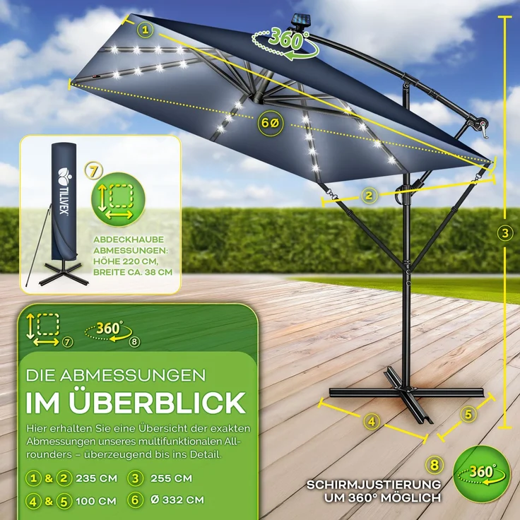 tillvex® Alu Sonnenschirm Rechteckig Ø 330 cm mit LED Solar Navy-Blau + Abdeckung mit Kurbel | Ampelschirm mit Ständer & Windschutz | Gartenschirm UV-Schutz, wasserdicht, 360° drehbar | Kurbelschirm Marktschirm – Bild 4