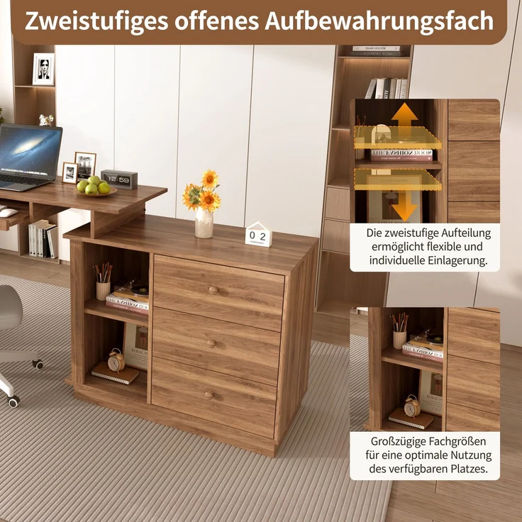 Moderner ausziehbarer Multifunktions-Computertisch mit ausziehbarer Platte, Tastaturauszug, offenen Fächern & Staurschrank mit 3 Schubladen, Schreibtisch für Heimstudium & Heimoffice--Nussbaum--76x40x75.5cm--YOUDENOVA – Bild 10