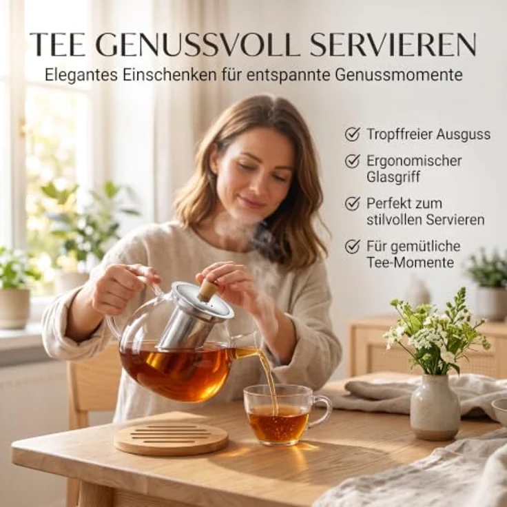 hausleben Teekanne Glas mit Edelstahl-Sieb Untertelle 1,5 Liter, (1-St), Bambus Unterteller Tropffrei, Hitzebeständig, Spülmaschinenfest – Bild 8