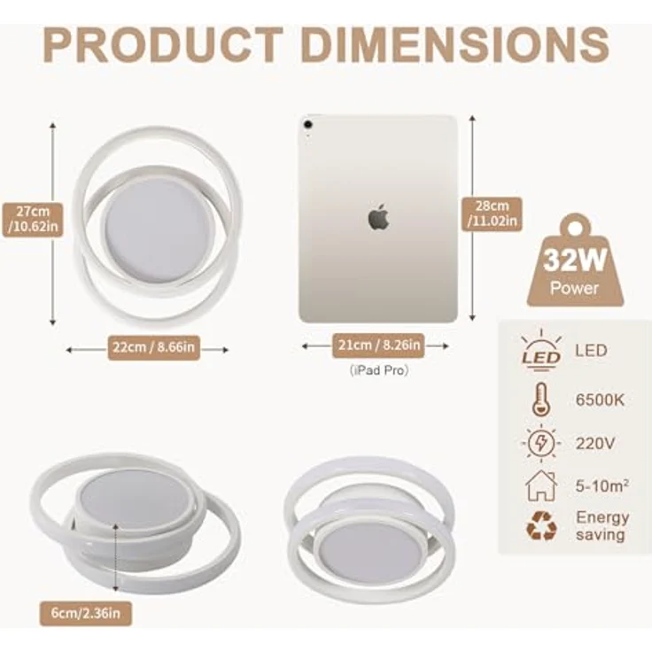 Comely LED Deckenleuchte Modern 32W, 2350LM, 6500K Tageslicht, Rundes Design, × 280mm – Deckenlampe für Schlafzimmer, Badezimmer, Küche, Flur & Balkon – Bild 14