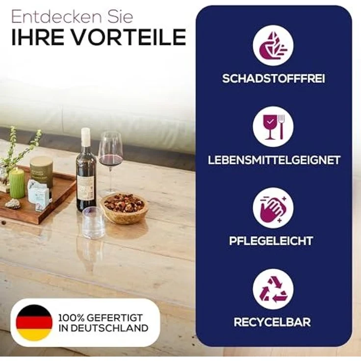 Glasklar Folie 2 mm + abgeschrägte Kante, Größe wählbar 55x225 cm, Wunschmaß transparente Tischdecke Tischschutz, Made in Germany – Bild 6