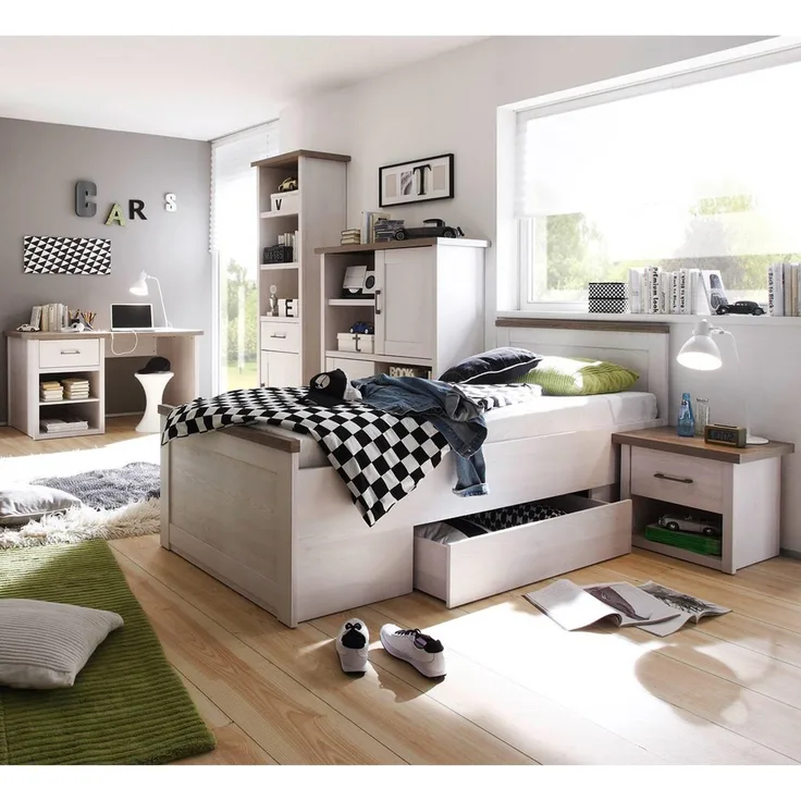5 tlg. Jugendzimmer Kombination im Landhaus Design LUND-78 in Pinie weiß Nb. /Trüffel Eiche Nb.