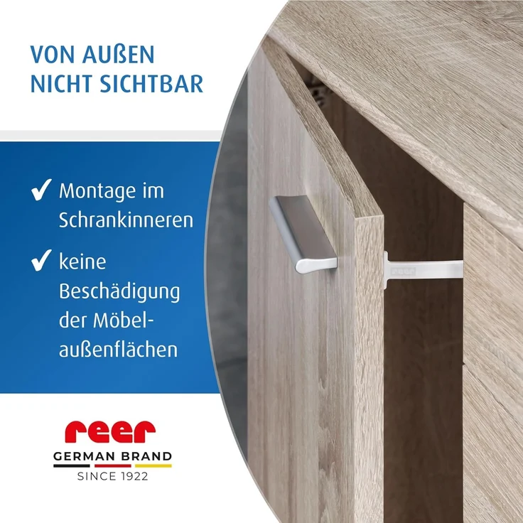 reer Schrank- und Schubladensicherung mit Montagehilfe | Einfache Einhand-Bedienung | Schraubmontage | integrierter Klemmschutz | 3 Stück | Farbe: weiß – Bild 5